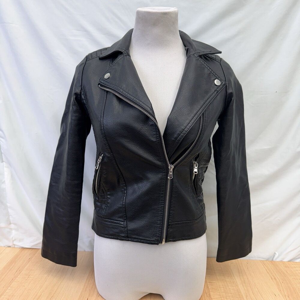 ART CLASS Girls’ Black Faux Leather Zip-Up Long Sleeve Moto Jacket SZ L 10-12